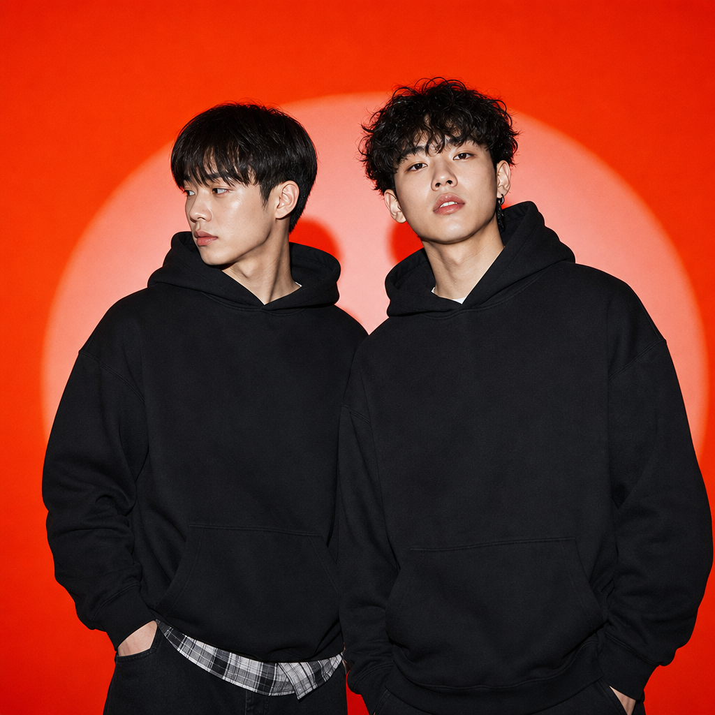 Two people wearing black hoodies