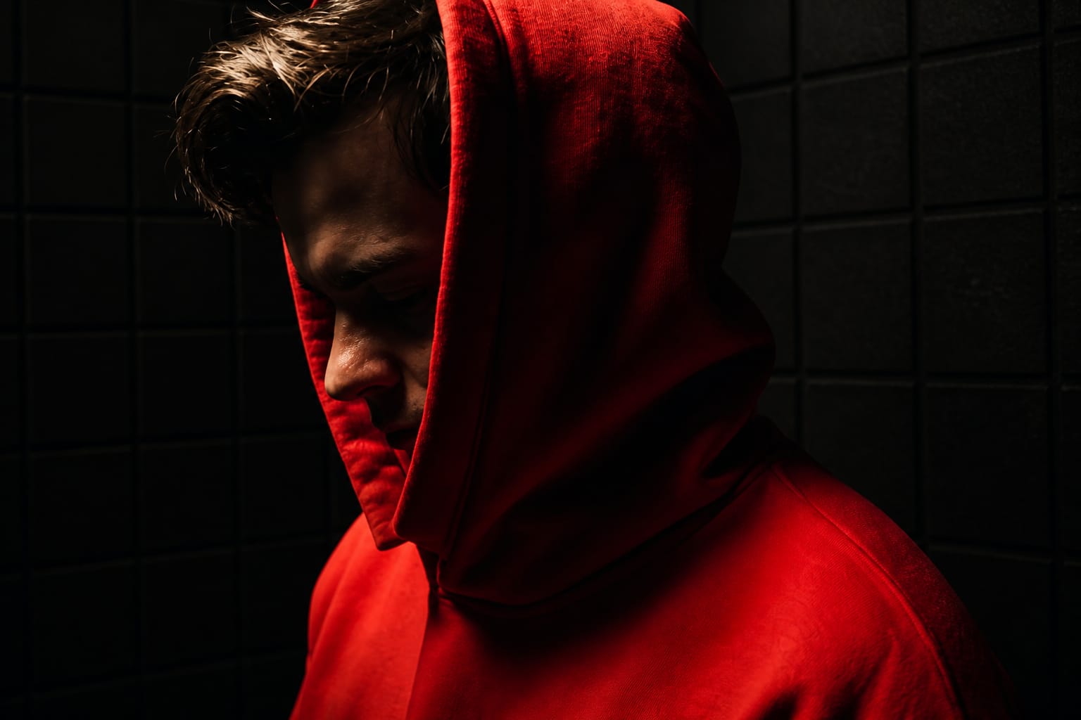 Model wearing a red winter hoodie